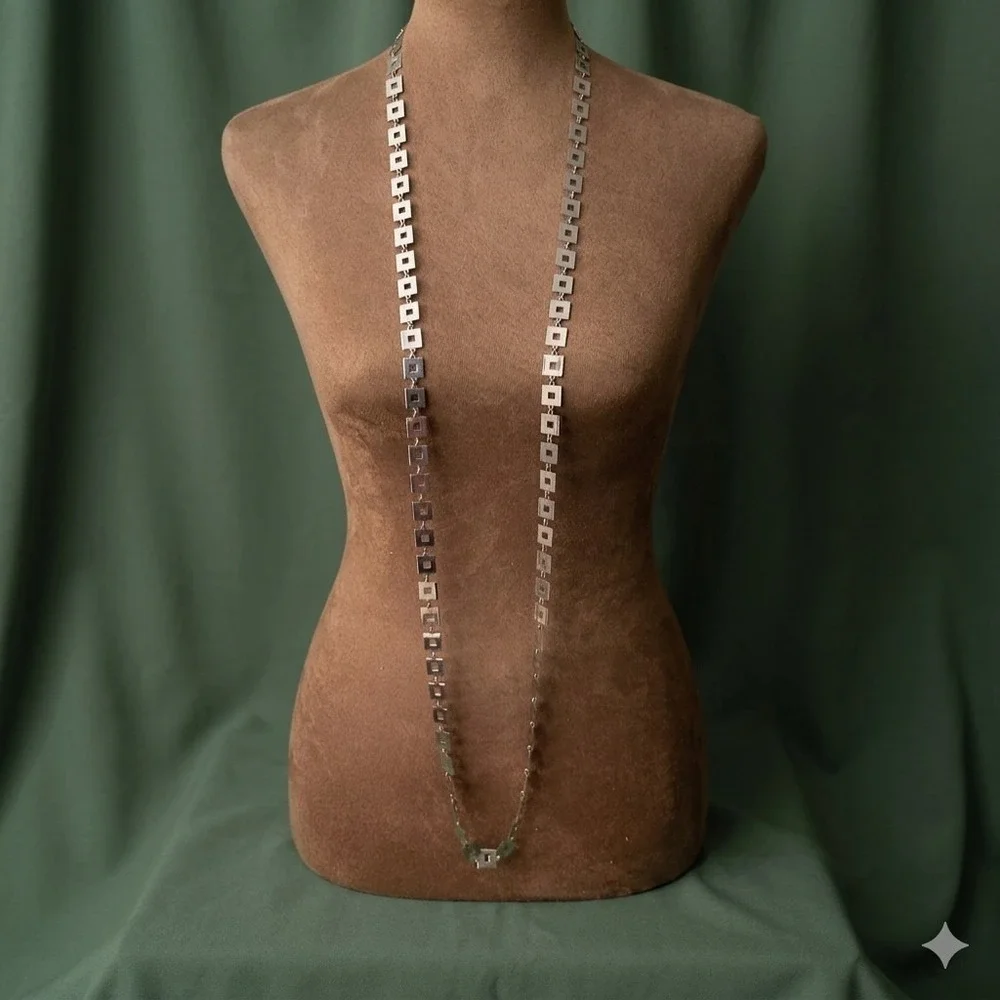 Vintage Silver Tone Square Link Long Chain Necklace 50 Inch Mod 70s